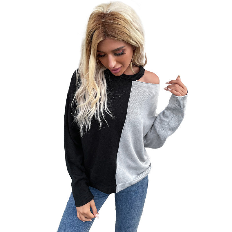 Color-Blocked Pullover Sweater with One-Shoulder Cut-Out