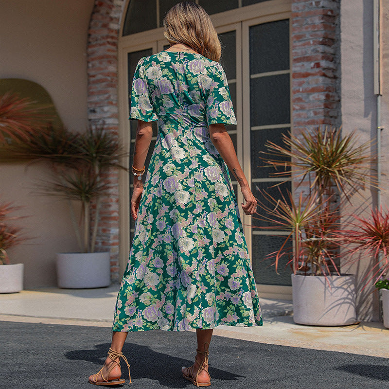Floral Print A-Line Midi Dress with V-Neck and Short Sleeves