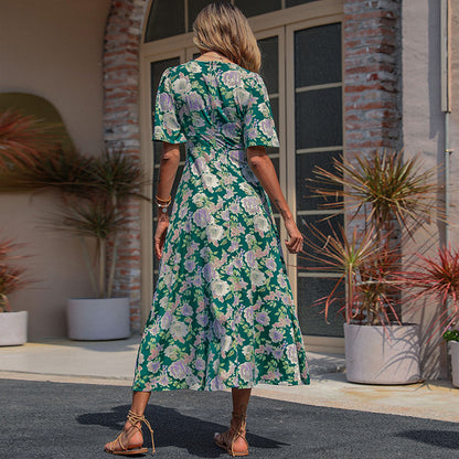 Floral Print A-Line Midi Dress with V-Neck and Short Sleeves