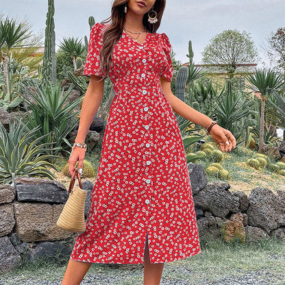 Floral A-Line Midi Dress with V-Neck and Button Front