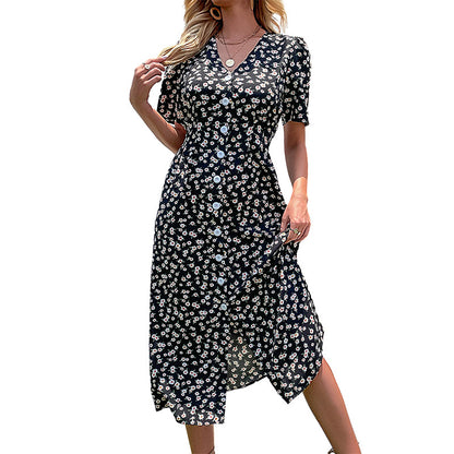 Floral A-Line Midi Dress with V-Neck and Button Front