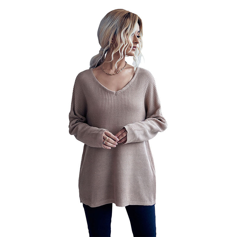 Loose-Fit V-Neck Sweater with Waffle-Knit Texture