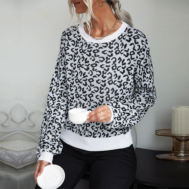 Leopard Print Pullover Sweater with Crewneck and Ribbed Trim