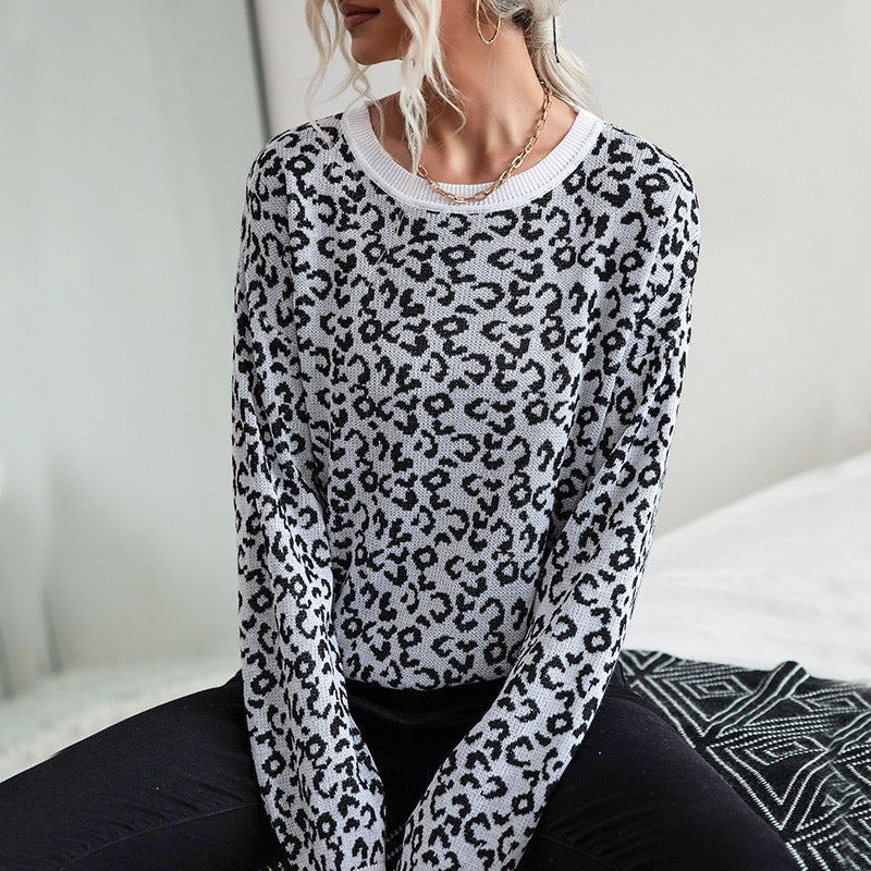 Leopard Print Pullover Sweater with Crewneck and Ribbed Trim