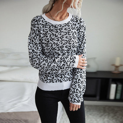 Leopard Print Pullover Sweater with Crewneck and Ribbed Trim