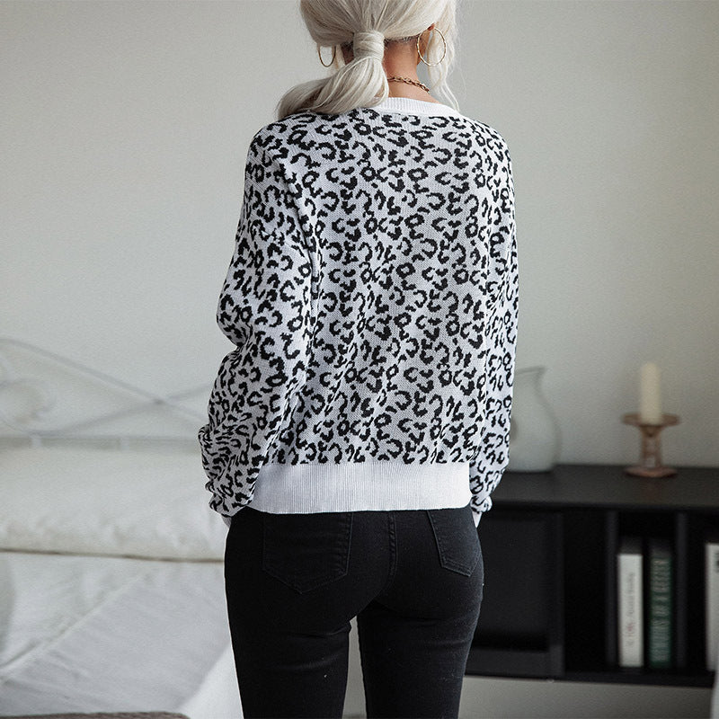 Leopard Print Pullover Sweater with Crewneck and Ribbed Trim