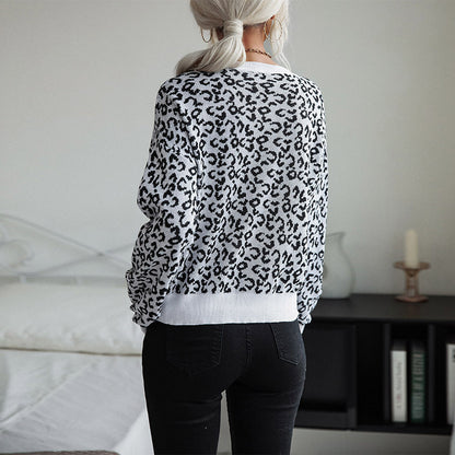 Leopard Print Pullover Sweater with Crewneck and Ribbed Trim