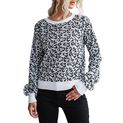Leopard Print Pullover Sweater with Crewneck and Ribbed Trim