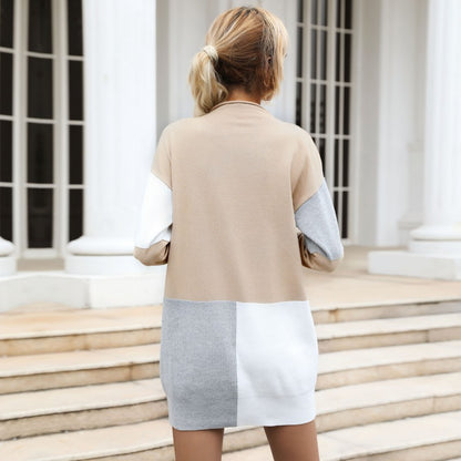 Color-Blocked Sweater Mini Dress with Long Sleeves
