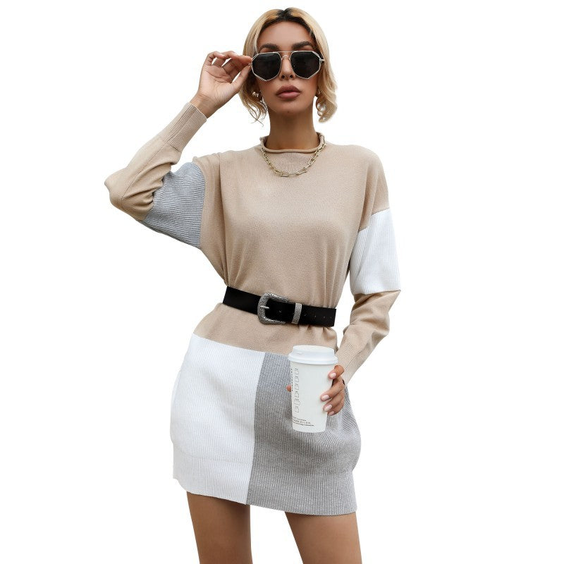 Color-Blocked Sweater Mini Dress with Long Sleeves
