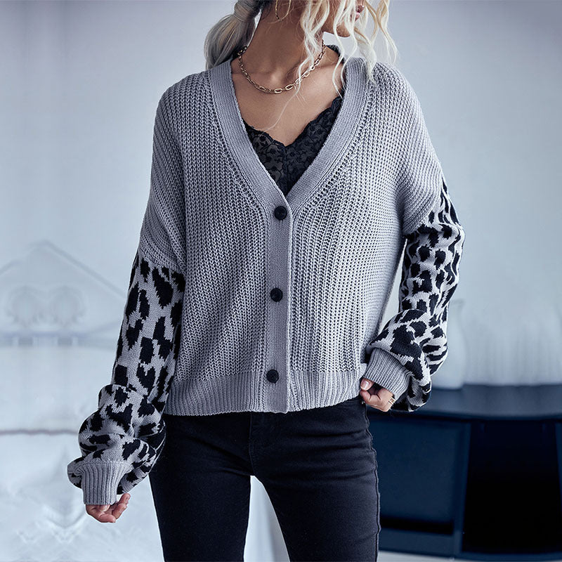 Loose Knit Cardigan with Leopard Print Contrast Sleeves