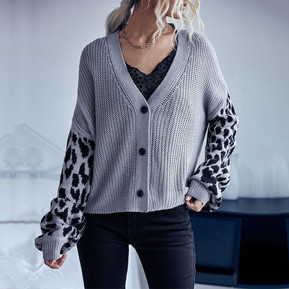 Loose Knit Cardigan with Leopard Print Contrast Sleeves