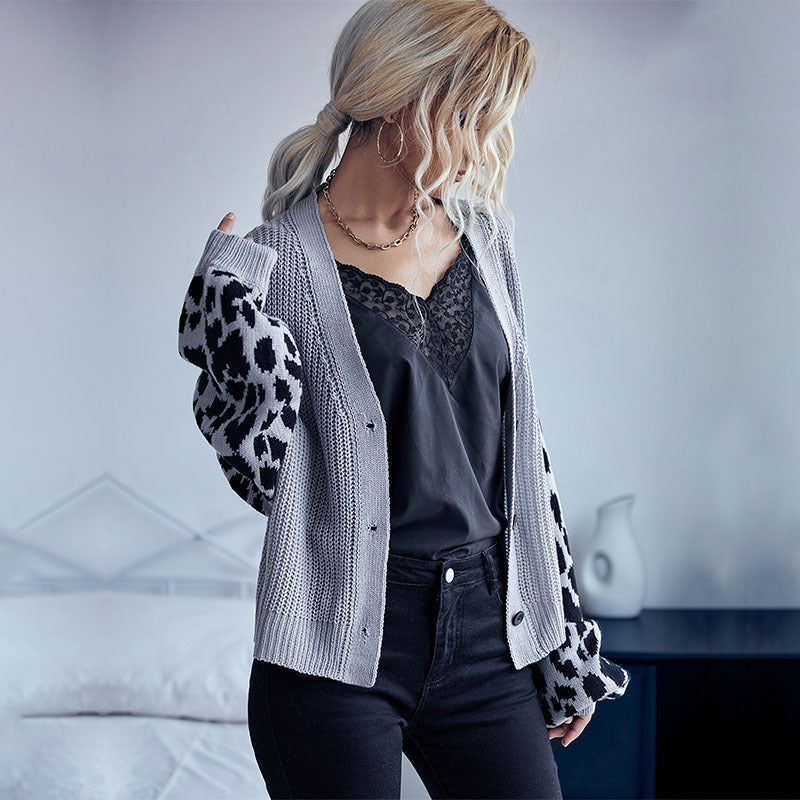 Loose Knit Cardigan with Leopard Print Contrast Sleeves