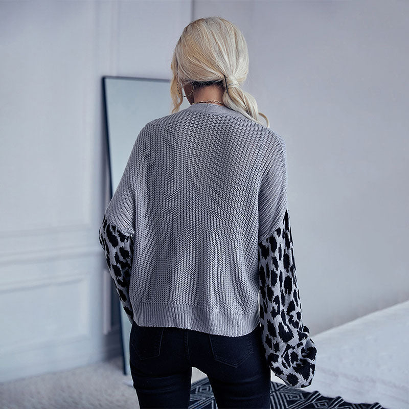 Loose Knit Cardigan with Leopard Print Contrast Sleeves