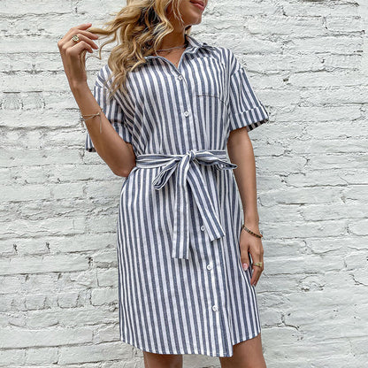 Striped Shirt Dress with Tie-Waist and Short Sleeves