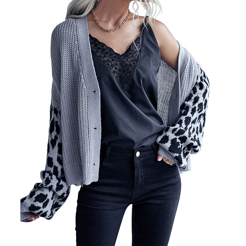 Loose Knit Cardigan with Leopard Print Contrast Sleeves