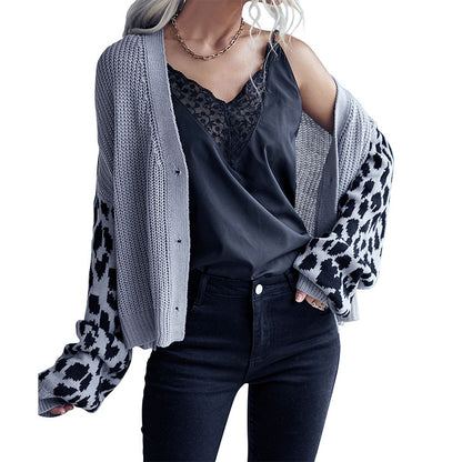 Loose Knit Cardigan with Leopard Print Contrast Sleeves