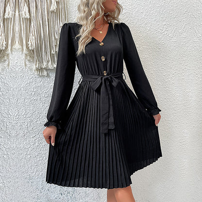 Solid Pleated Midi Dress with V-Neck and Tie-Waist