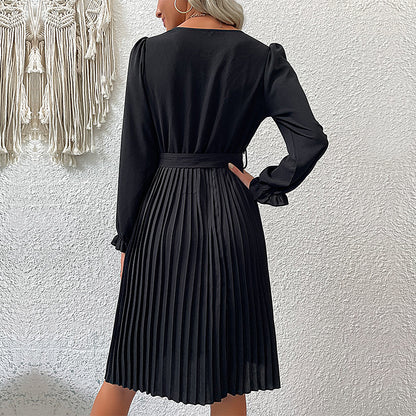 Solid Pleated Midi Dress with V-Neck and Tie-Waist