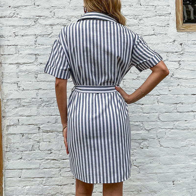 Striped Shirt Dress with Tie-Waist and Short Sleeves