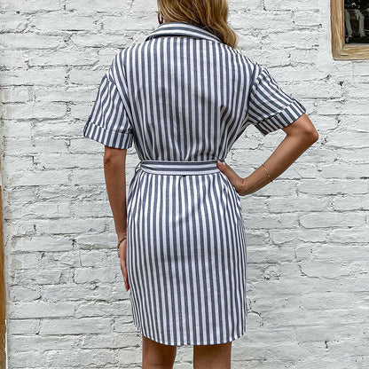 Striped Shirt Dress with Tie-Waist and Short Sleeves
