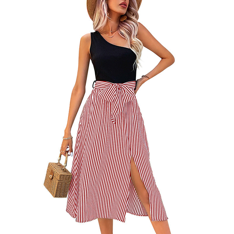 Color Block One-Shoulder Midi Dress with Striped A-Line Skirt