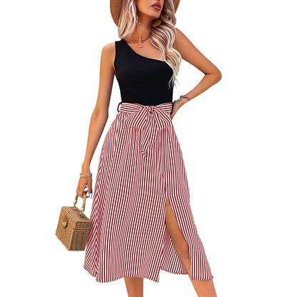 Color Block One-Shoulder Midi Dress with Striped A-Line Skirt