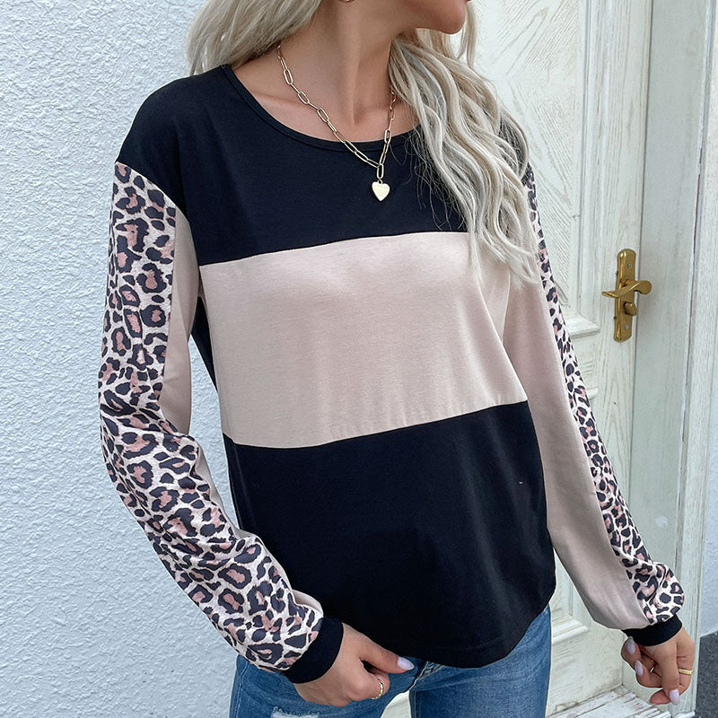 Color Block Long Sleeve Top with Leopard Print Patchwork