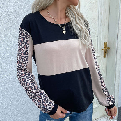 Color Block Long Sleeve Top with Leopard Print Patchwork