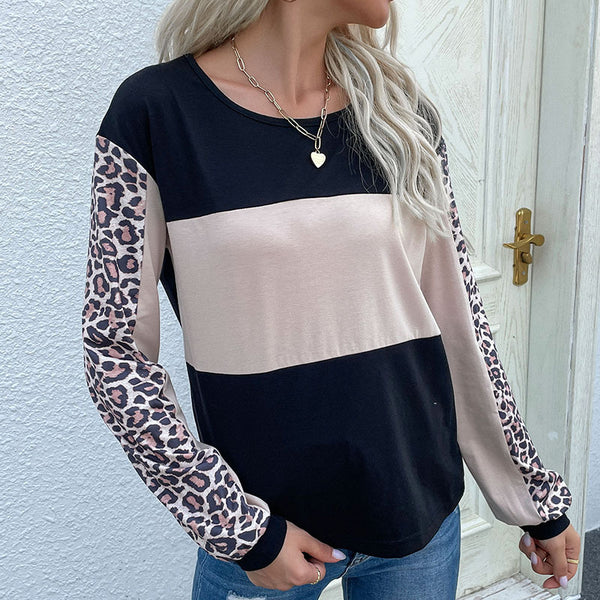 Color Block Long Sleeve Top with Leopard Print Patchwork