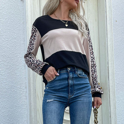 Color Block Long Sleeve Top with Leopard Print Patchwork