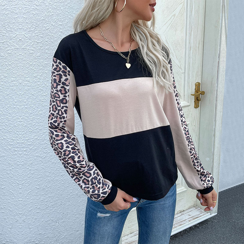 Color Block Long Sleeve Top with Leopard Print Patchwork