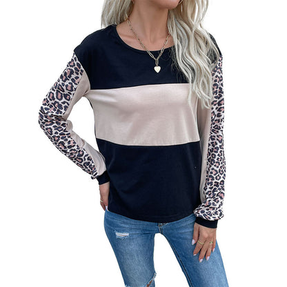 Color Block Long Sleeve Top with Leopard Print Patchwork