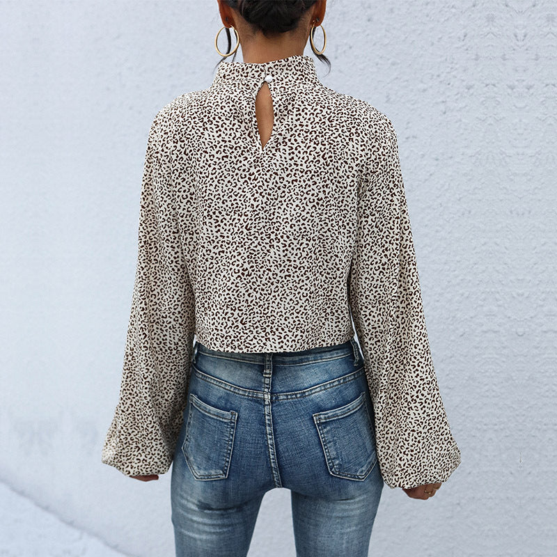 Leopard Print Turtleneck Crop Top with Twist Front