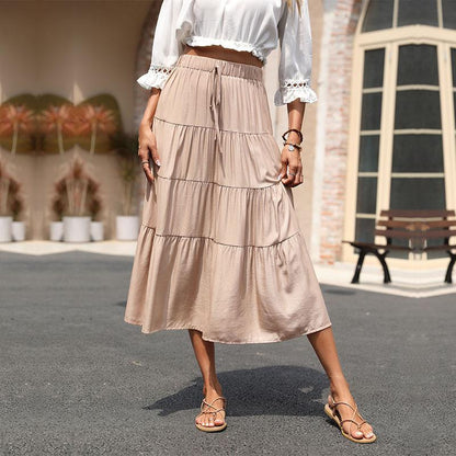 Tiered A-Line Midi Skirt with Drawstring Waist