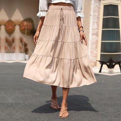 Tiered A-Line Midi Skirt with Drawstring Waist