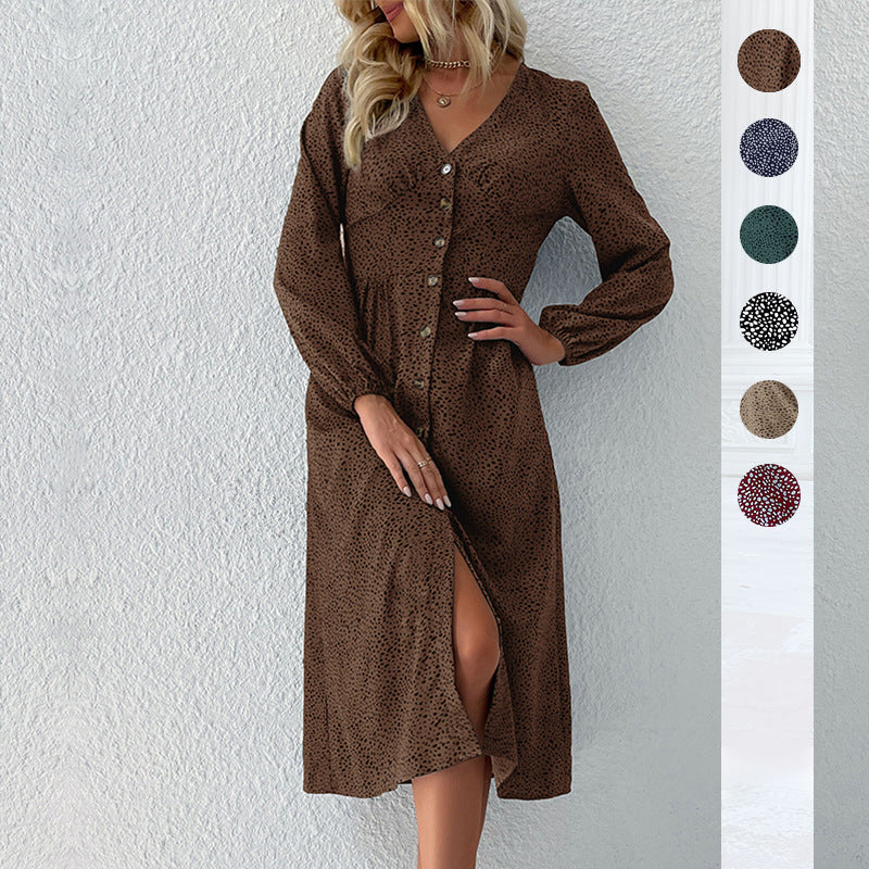 Leopard Print Midi Dress with V-Neck and Button Front
