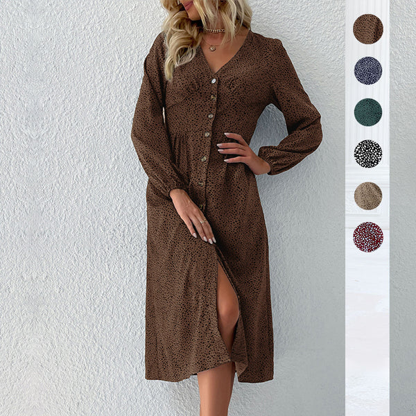 Leopard Print Midi Dress with V-Neck and Button Front