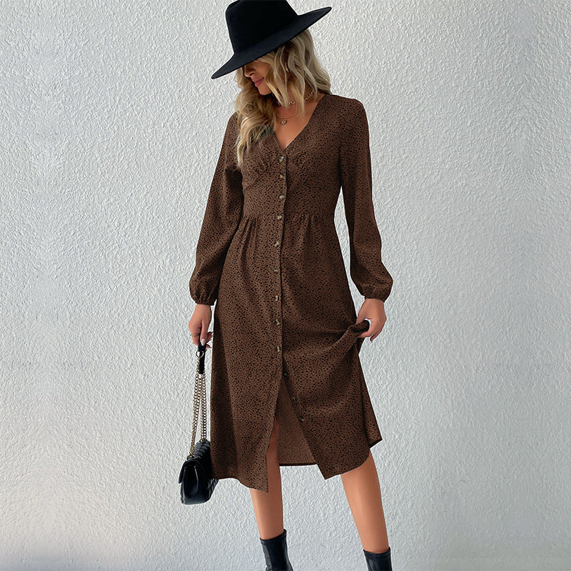 Leopard Print Midi Dress with V-Neck and Button Front