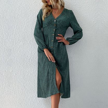 Leopard Print Midi Dress with V-Neck and Button Front