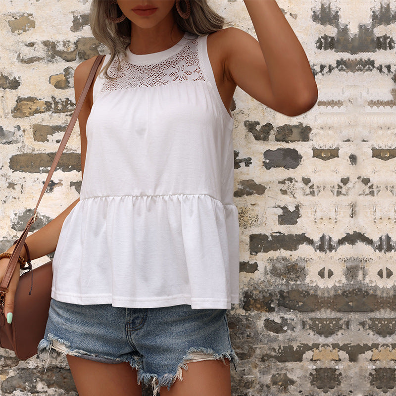 Sleeveless Peplum Top with Lace Yoke and Crewneck