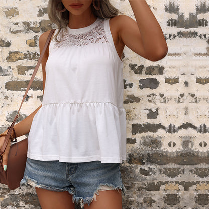 Sleeveless Peplum Top with Lace Yoke and Crewneck