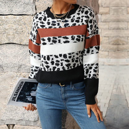 Leopard Print Color-Block Sweater with Round Neck