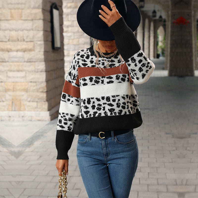 Leopard Print Color-Block Sweater with Round Neck