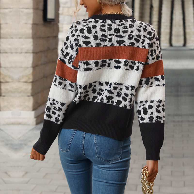 Leopard Print Color-Block Sweater with Round Neck