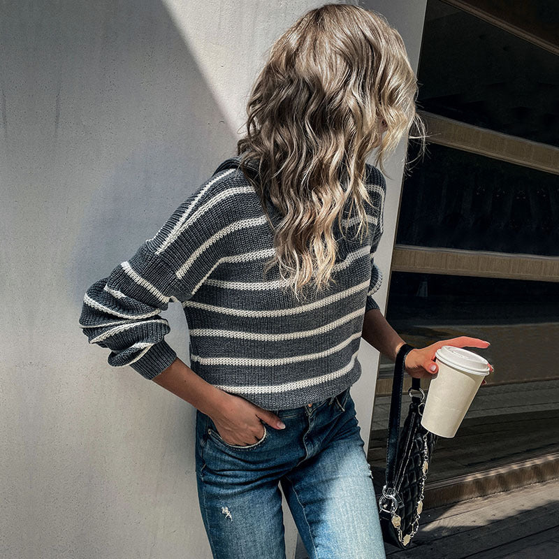 Oversized Striped Knit Sweater with Half-Zip Lapel