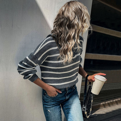 Oversized Striped Knit Sweater with Half-Zip Lapel