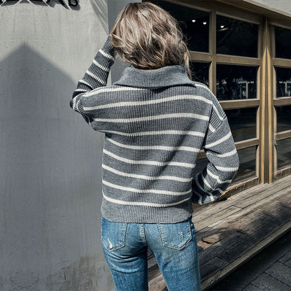 Oversized Striped Knit Sweater with Half-Zip Lapel