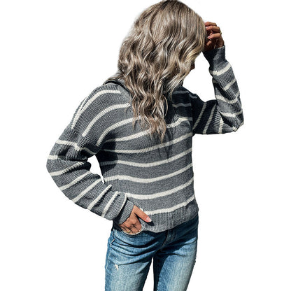 Oversized Striped Knit Sweater with Half-Zip Lapel