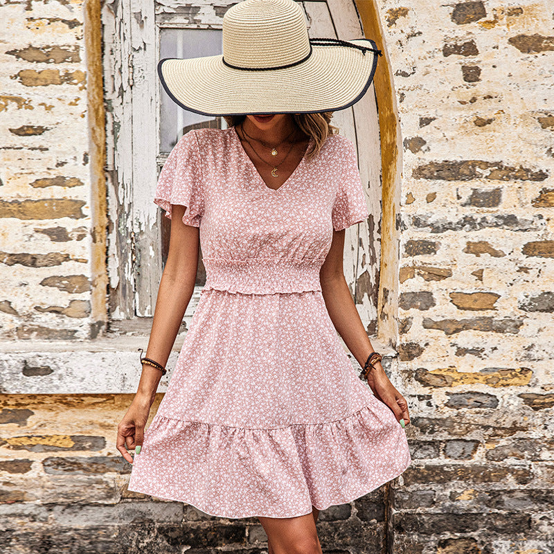 Floral A-Line Mini Dress with V-Neck and Lotus Leaf Sleeves